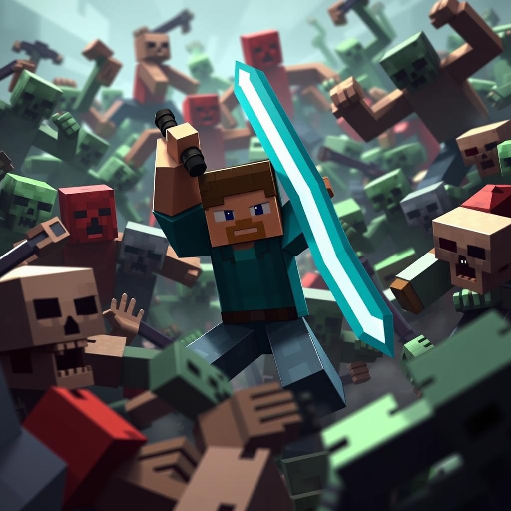 Create an image in the Minecraft universe featuring a character fighting against a large number of mobs