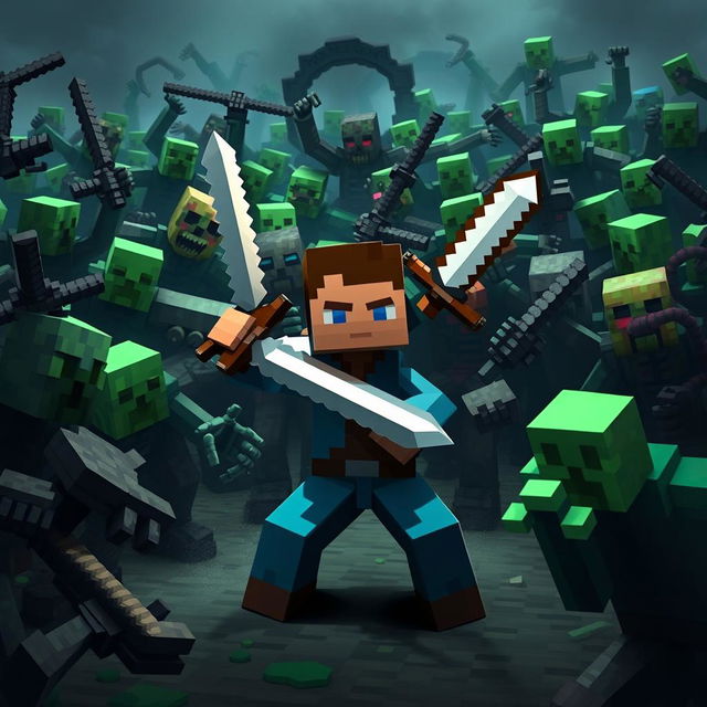 Create an image in the Minecraft universe featuring a character fighting against a large number of mobs