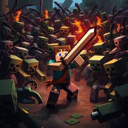 Create an image in the Minecraft universe featuring a character fighting against a large number of mobs