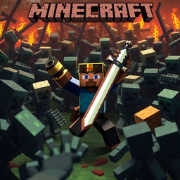 Create an image in the Minecraft universe featuring a character fighting against a large number of mobs