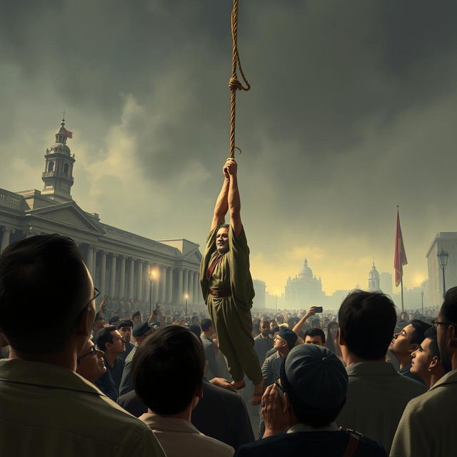 A depiction of a public execution in a plaza where Fidel Castro is being hanged by the neck