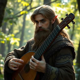 A young elven man with a well-groomed beard, playing a lute