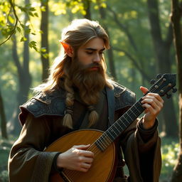 A young elven man with a well-groomed beard, playing a lute