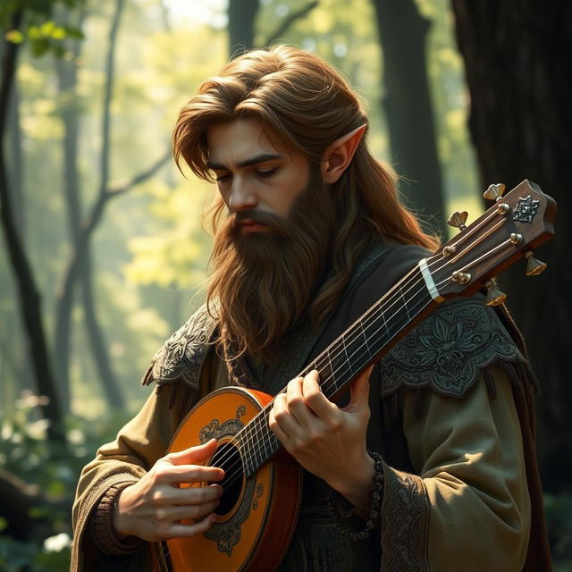 A young elven man with a well-groomed beard, playing a lute