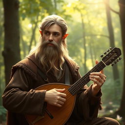 A young elven man with a well-groomed beard, playing a lute