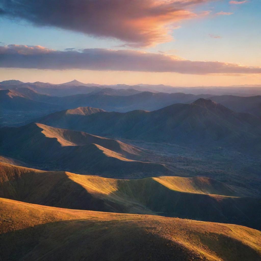 A serene sunset over an expansive mountain range, the dusk light casting long shadow on the landscape and the sky filled with vibrant colors.