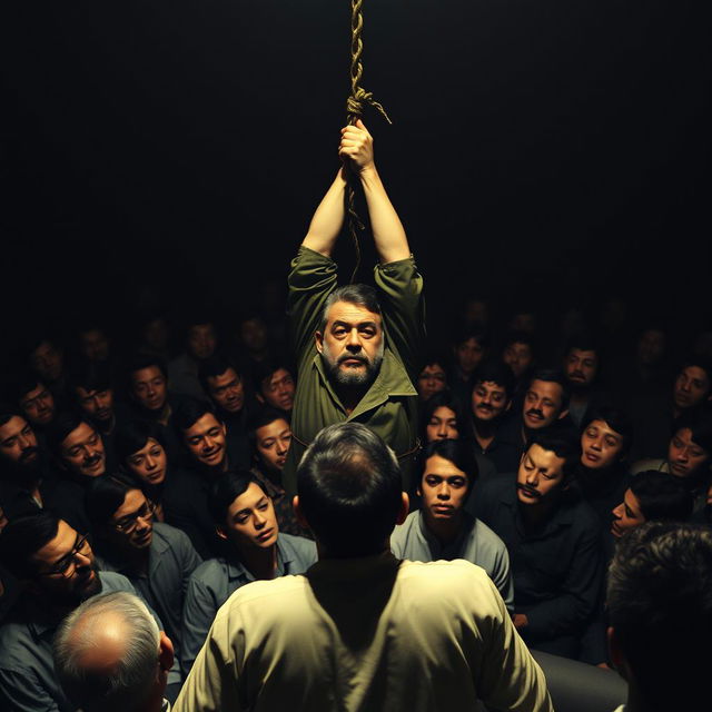 A dark scene depicting Fidel Castro being hanged by the neck in front of a large crowd of people