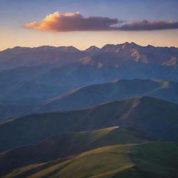 A serene sunset over an expansive mountain range, the dusk light casting long shadow on the landscape and the sky filled with vibrant colors.