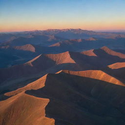 A serene sunset over an expansive mountain range, the dusk light casting long shadow on the landscape and the sky filled with vibrant colors.