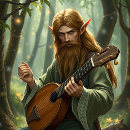 An elf with a well-trimmed beard playing a lute in a magical forest