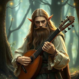 An elf with a well-trimmed beard playing a lute in a magical forest