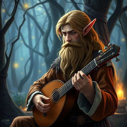 An elf with a well-trimmed beard playing a lute in a magical forest