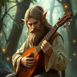 An elf with a well-trimmed beard playing a lute in a magical forest