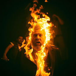 A dramatic and intense scene depicting Fidel Castro engulfed in flames, with fire surrounding him