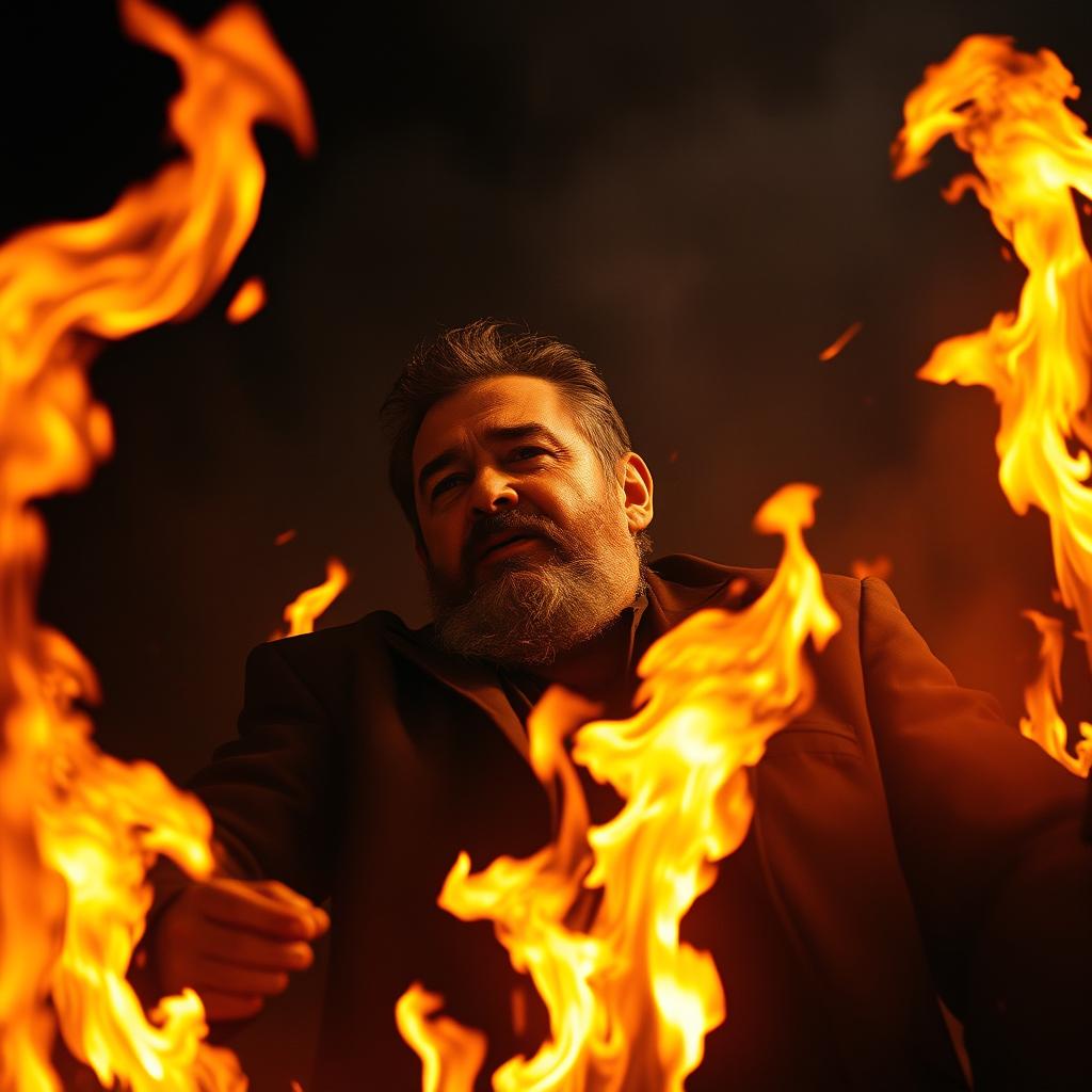 A dramatic and intense scene depicting Fidel Castro engulfed in flames, with fire surrounding him