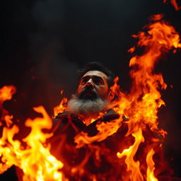 A dramatic and intense scene depicting Fidel Castro engulfed in flames, with fire surrounding him