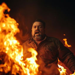 A dramatic and intense scene depicting Fidel Castro engulfed in flames, with fire surrounding him