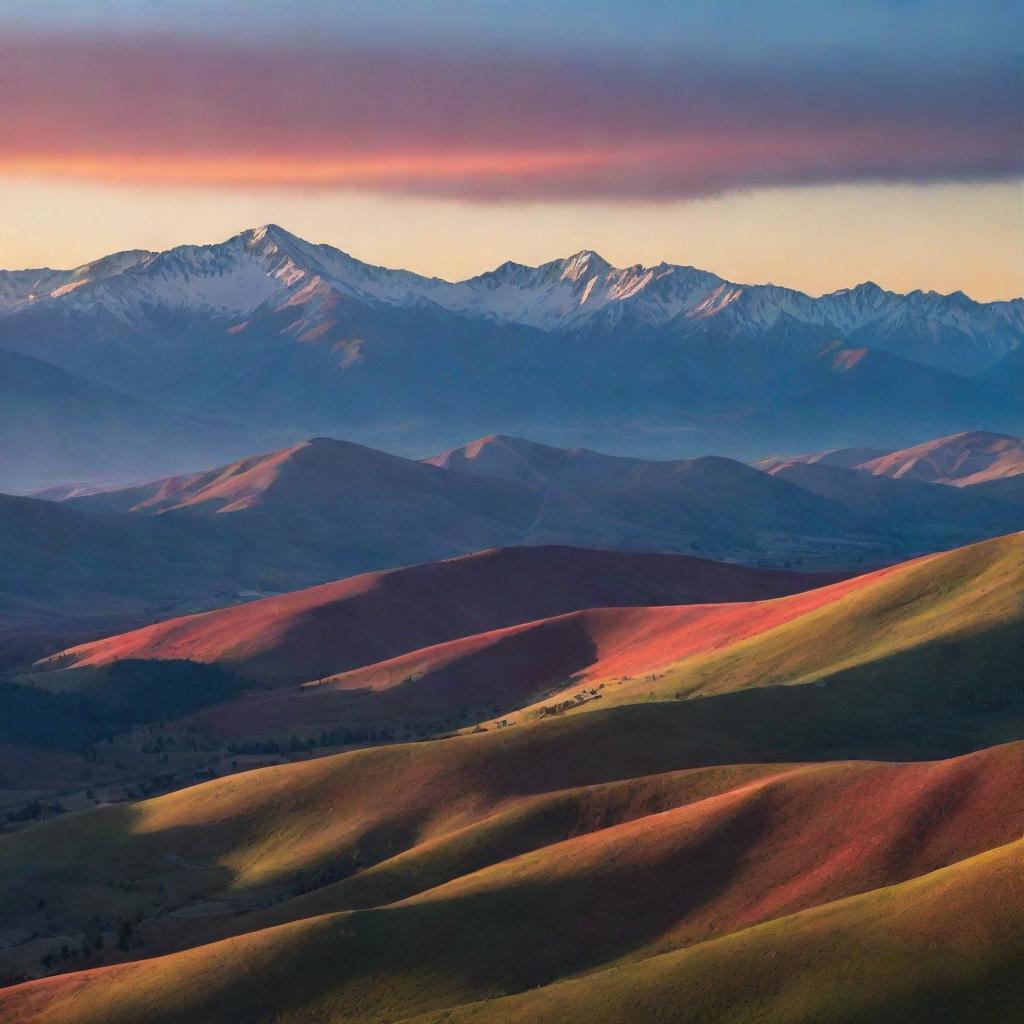 A serene sunset over an expansive mountain range, the dusk light casting long shadow on the landscape and the sky filled with vibrant colors.