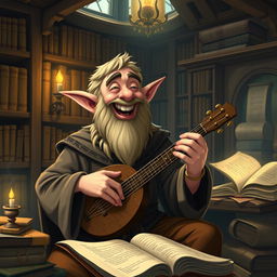 A laughing elf scholar playing a lute in a cozy, book-filled study