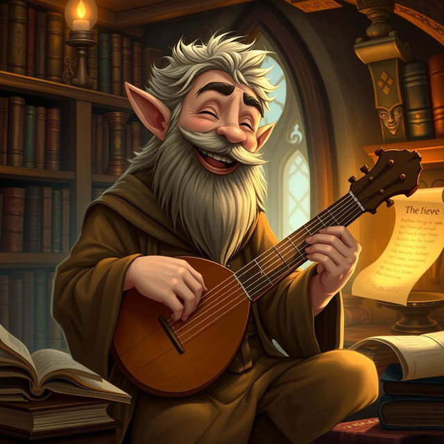 A laughing elf scholar playing a lute in a cozy, book-filled study