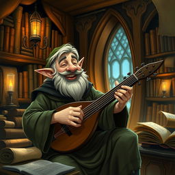 A laughing elf scholar playing a lute in a cozy, book-filled study