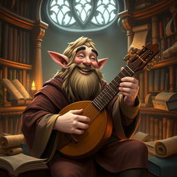 A laughing elf scholar playing a lute in a cozy, book-filled study