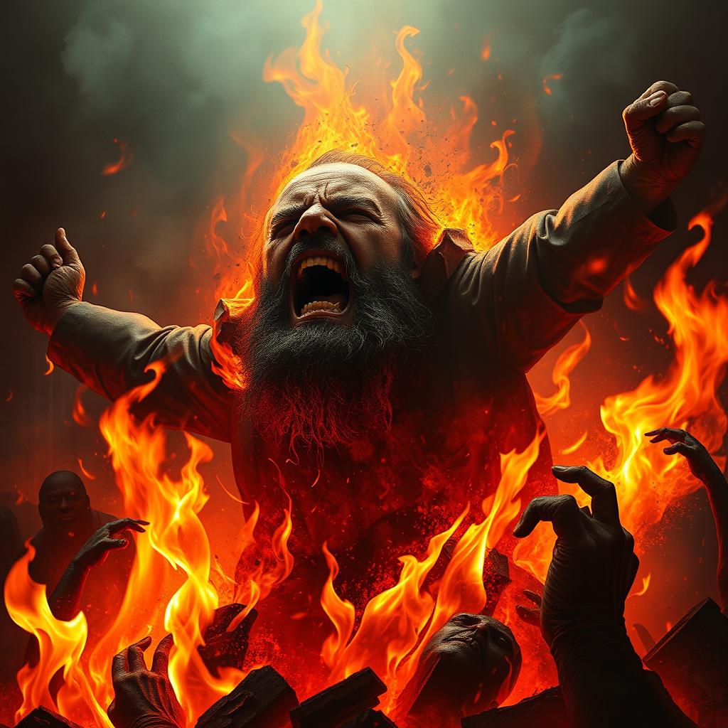 A dramatic and intense scene depicting Fidel Castro engulfed in the flames of hell, burning amidst a fiery inferno