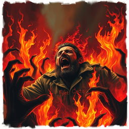 A dramatic and intense scene depicting Fidel Castro engulfed in the flames of hell, burning amidst a fiery inferno