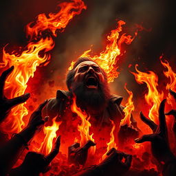 A dramatic and intense scene depicting Fidel Castro engulfed in the flames of hell, burning amidst a fiery inferno