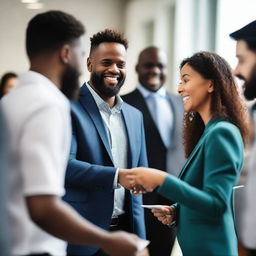 A group of professionals actively engaged in networking at a business event