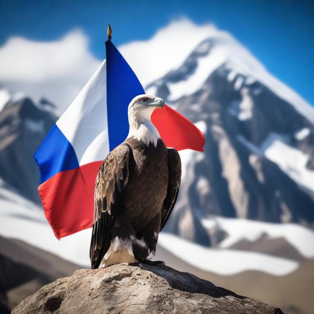 A majestic condor standing proudly atop the Chilean flag, which is draped over a peak in the Andes Mountains