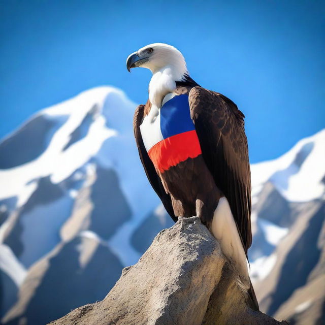 A majestic condor standing proudly atop the Chilean flag, which is draped over a peak in the Andes Mountains