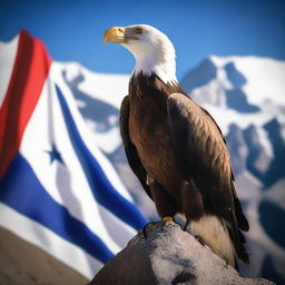 A majestic condor standing proudly atop the Chilean flag, which is draped over a peak in the Andes Mountains
