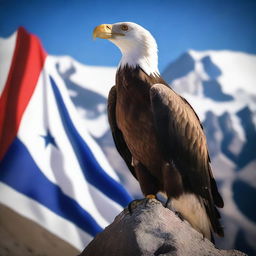 A majestic condor standing proudly atop the Chilean flag, which is draped over a peak in the Andes Mountains