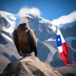 A majestic condor standing proudly atop the Chilean flag, which is draped over a peak in the Andes Mountains