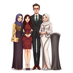 A detailed illustration of three elegant datin women and one distinguished dato man