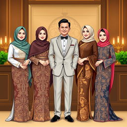 A detailed illustration of three elegant datin women and one distinguished dato man