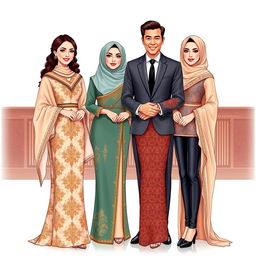 A detailed illustration of three elegant datin women and one distinguished dato man