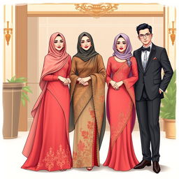 A detailed illustration of three elegant datin women and one distinguished dato man