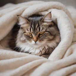 A sleeping, fluffy domestic cat curled up on a soft, cozy blanket