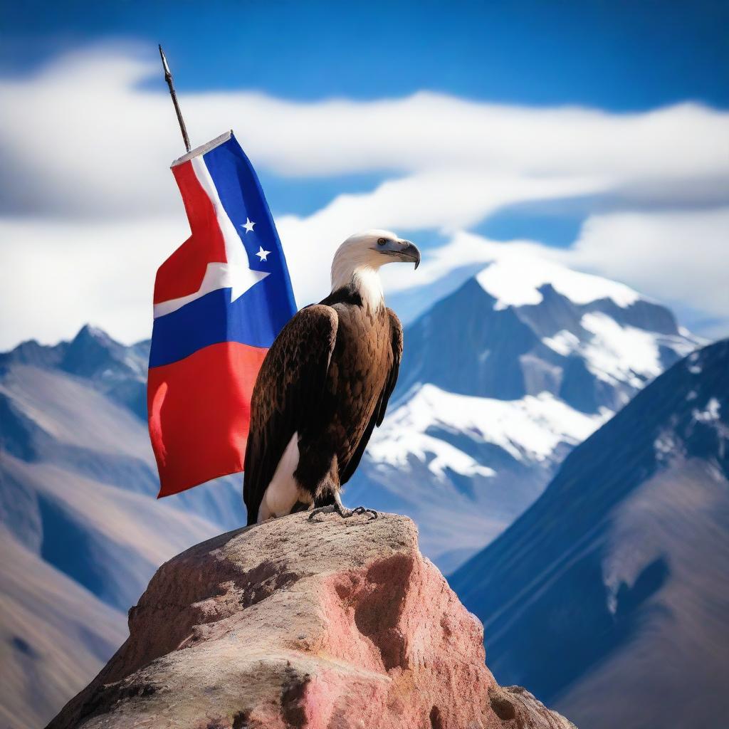 A majestic condor standing atop the Chilean flag in the Andes mountains