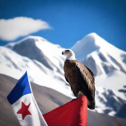 A majestic condor standing atop the Chilean flag in the Andes mountains