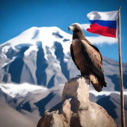 A majestic condor standing atop the Chilean flag in the Andes mountains