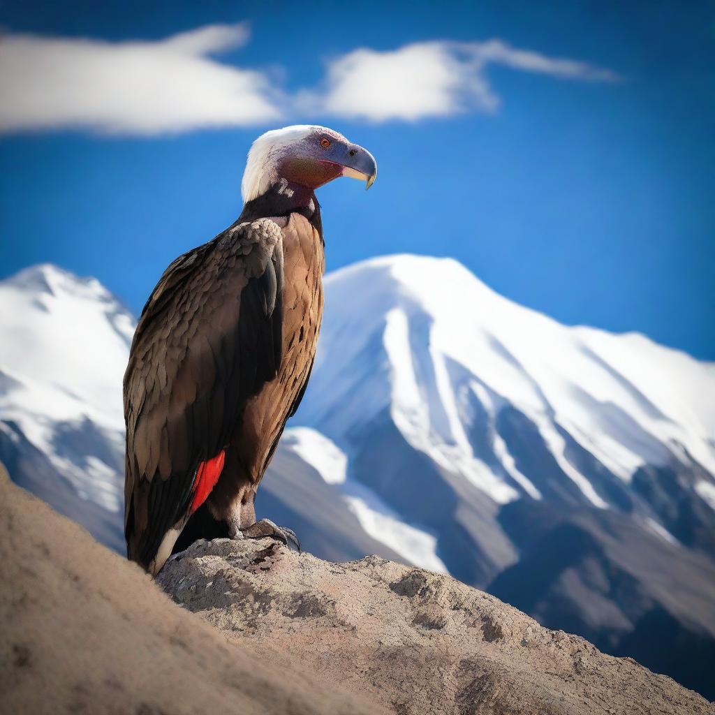 A majestic condor standing atop the Chilean flag in the Andes mountains