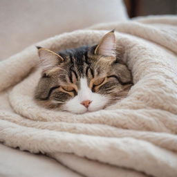 A sleeping, fluffy domestic cat curled up on a soft, cozy blanket