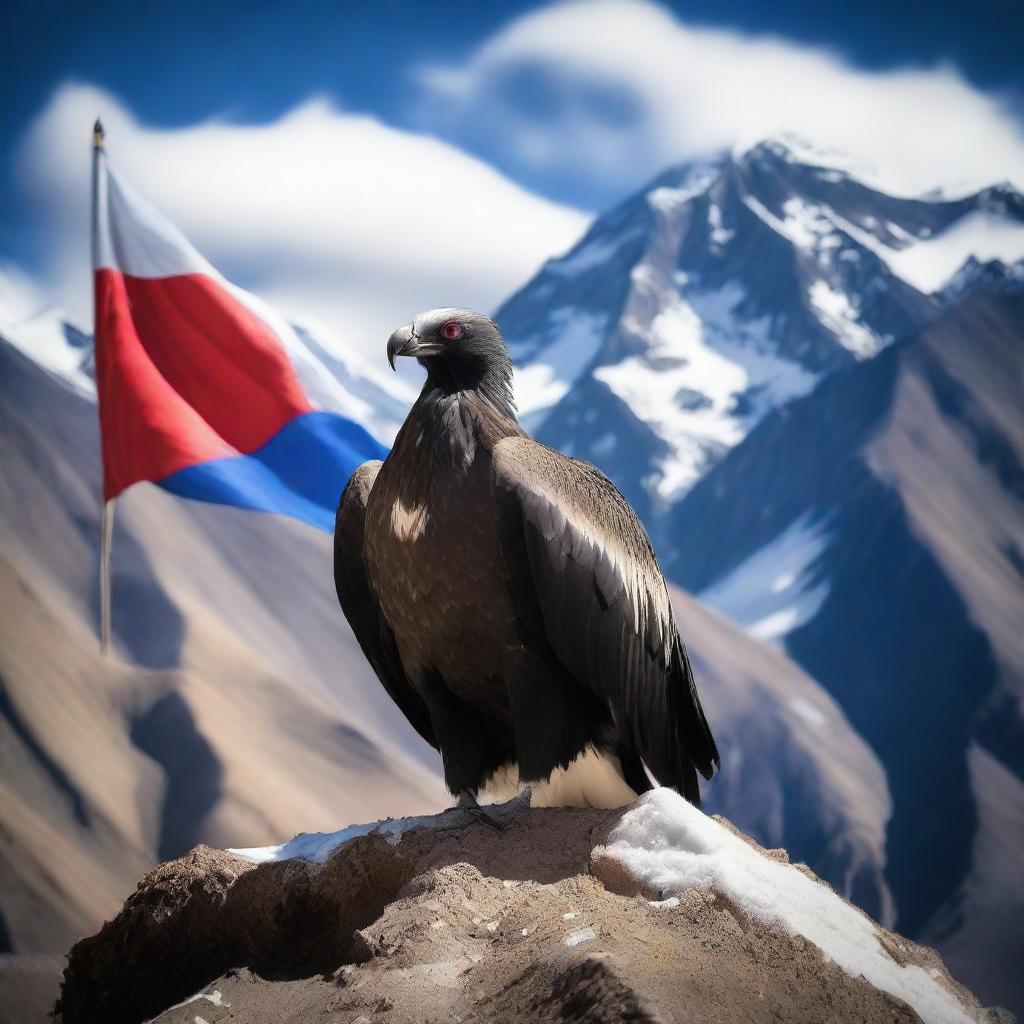 A majestic Andean condor standing atop the Chilean flag in the Andes mountains