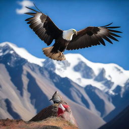 A majestic Andean condor standing atop the Chilean flag in the Andes mountains