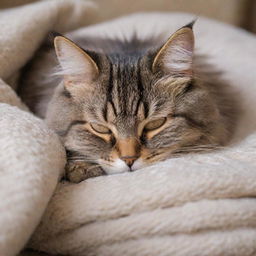 A sleeping, fluffy domestic cat curled up on a soft, cozy blanket