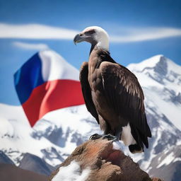 A majestic Andean condor standing atop the Chilean flag in the Andes mountains