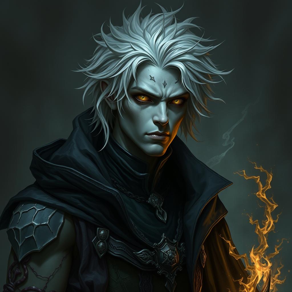 A male Aasimar warlock with a haunted one background